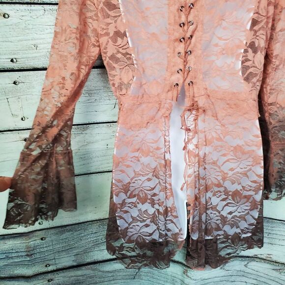 Voice of California Women’s Lace Longline Cardigan Top Rust Sheer Boho L - Picture 8 of 9